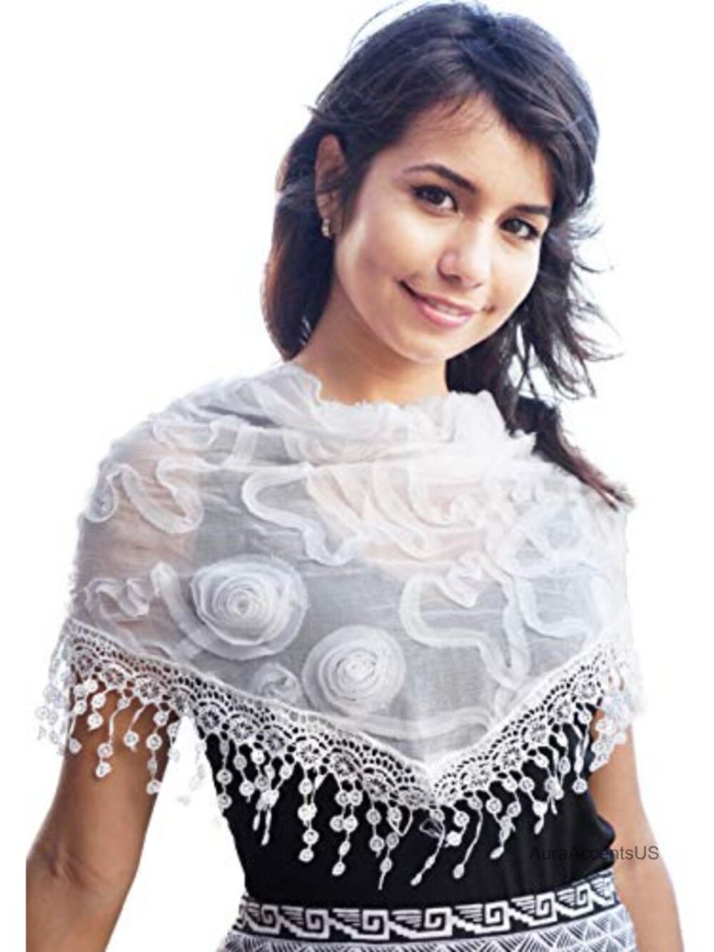 Floral Embroidered Lace Triangle Scarf for Women, Lightweight